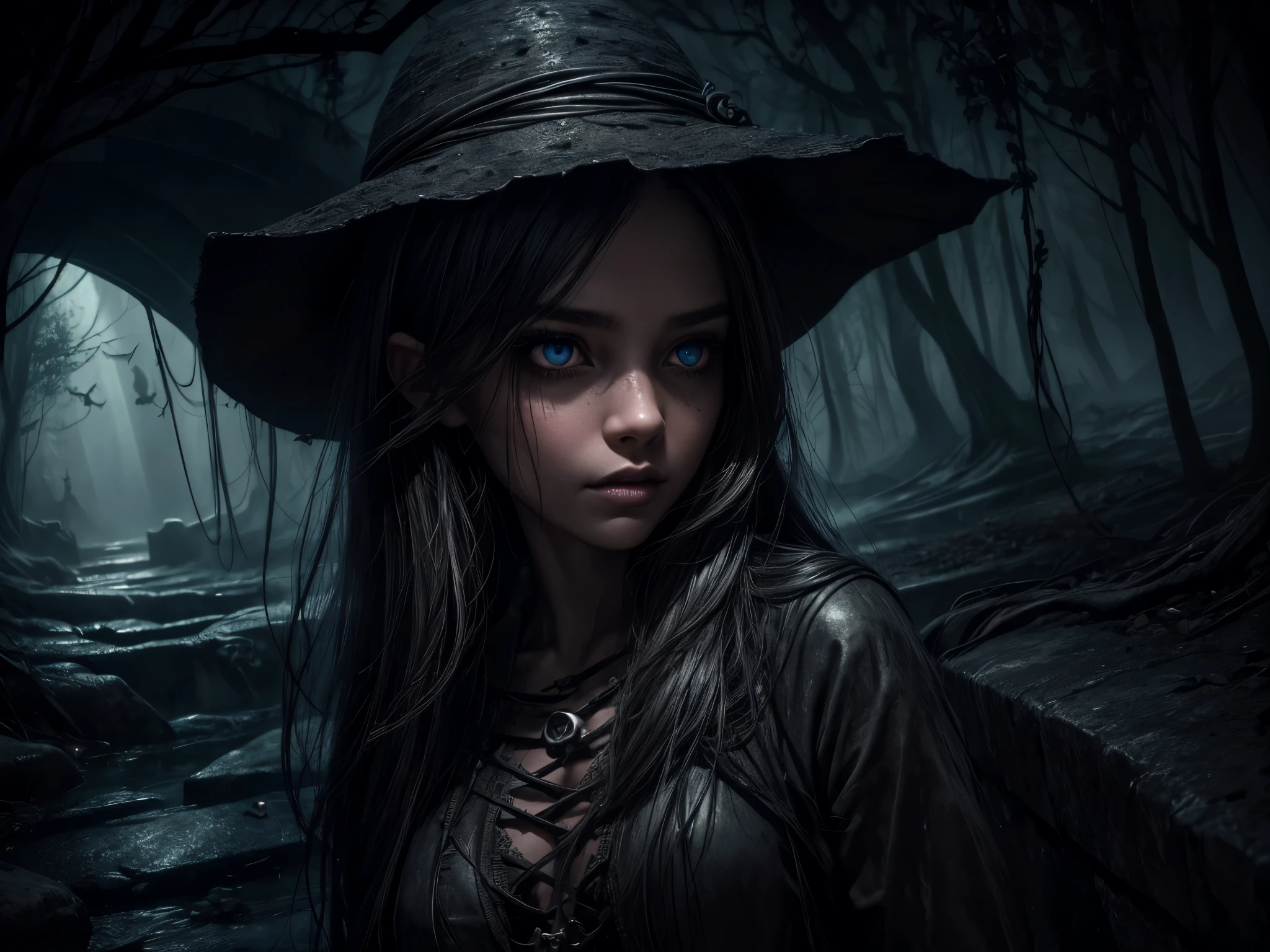 a girl lost in an underground maze,details of beautiful eyes,beautiful detailed lips,longeyelashes,skull,bats,a river flowing underground,illustration,highres,ultra-detailed,photorealistic,dark atmosphere,gloomy lighting,stone textures,mysterious shadows,spooky scenery,horror,subterranean,underground river,lit torches,damp walls,winding paths