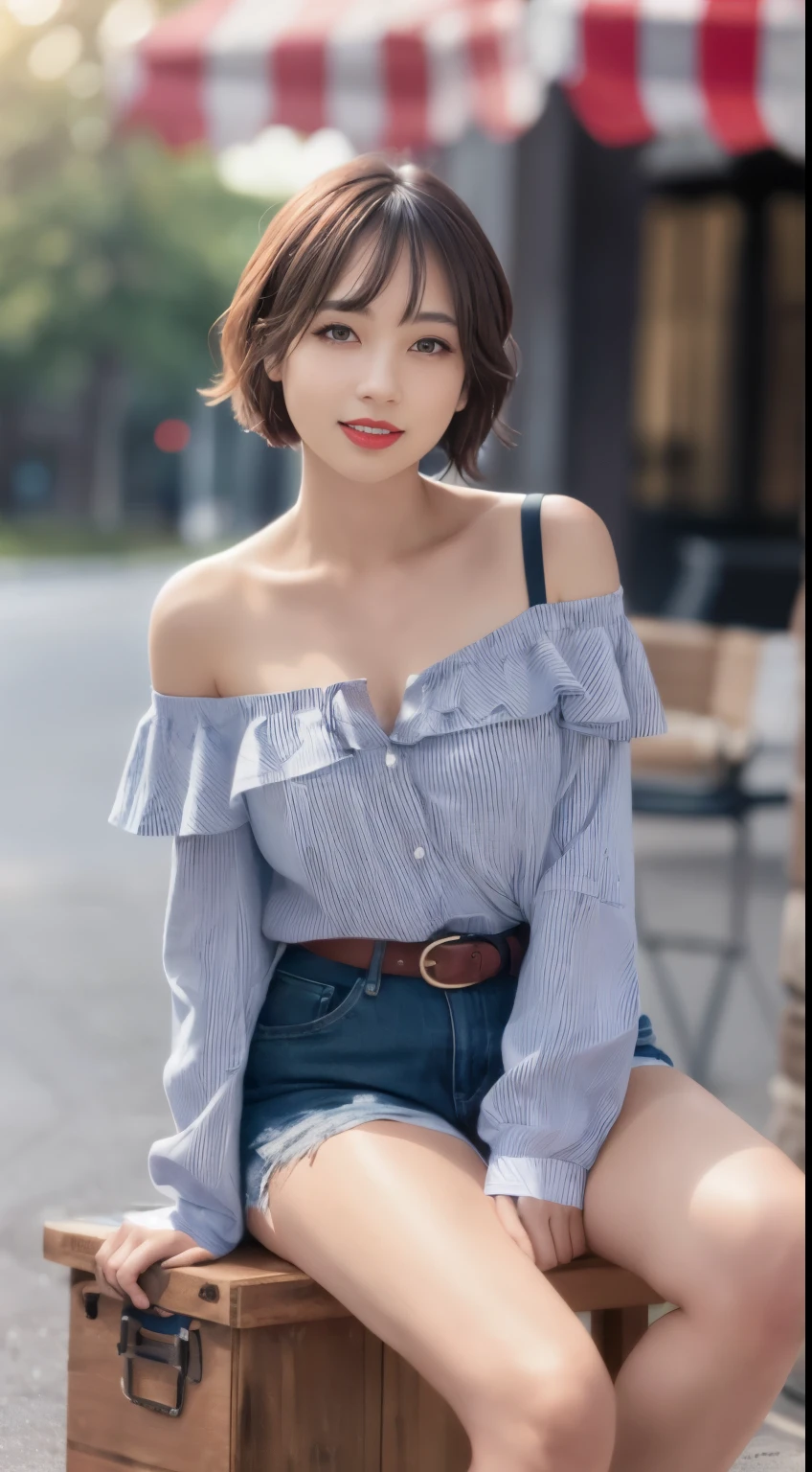 (intricate details:1.3), (highest quality:1.2), (masterpiece:1.3), realistic, 8K UHD, High resolution, fine texture, intricate details, fine texture, in detail, high detail, Very detailed CG, high quality shadow, a realistic representation of the face, beautiful details, (high detailed skin, Skin details), Detailed Beautiful and Delicate Face, Face facing left, Fine, beautiful and delicate eyes, a face of perfect proportion with smile, film grain, Depth of bounds written, cinematic light, dramatic light, Lens flare, ray tracing, perspective, 20th generation, (photorealistic:1.2),
1 girl, just_shoulder, belt, black_footwear, blurry, blurry_background, good_strap, chest, building, coffee, clavicle, cup, Day, disposable cup, whole body, lips, lipstick, long sleeve, view viewer, compensate, off-shoulder shirt, off shoulderセーター, off shoulder, outdoor, pantyhose, red lips, shirt, short hair, shorts, sitting, smile, alone, stool, striped, striped shirt