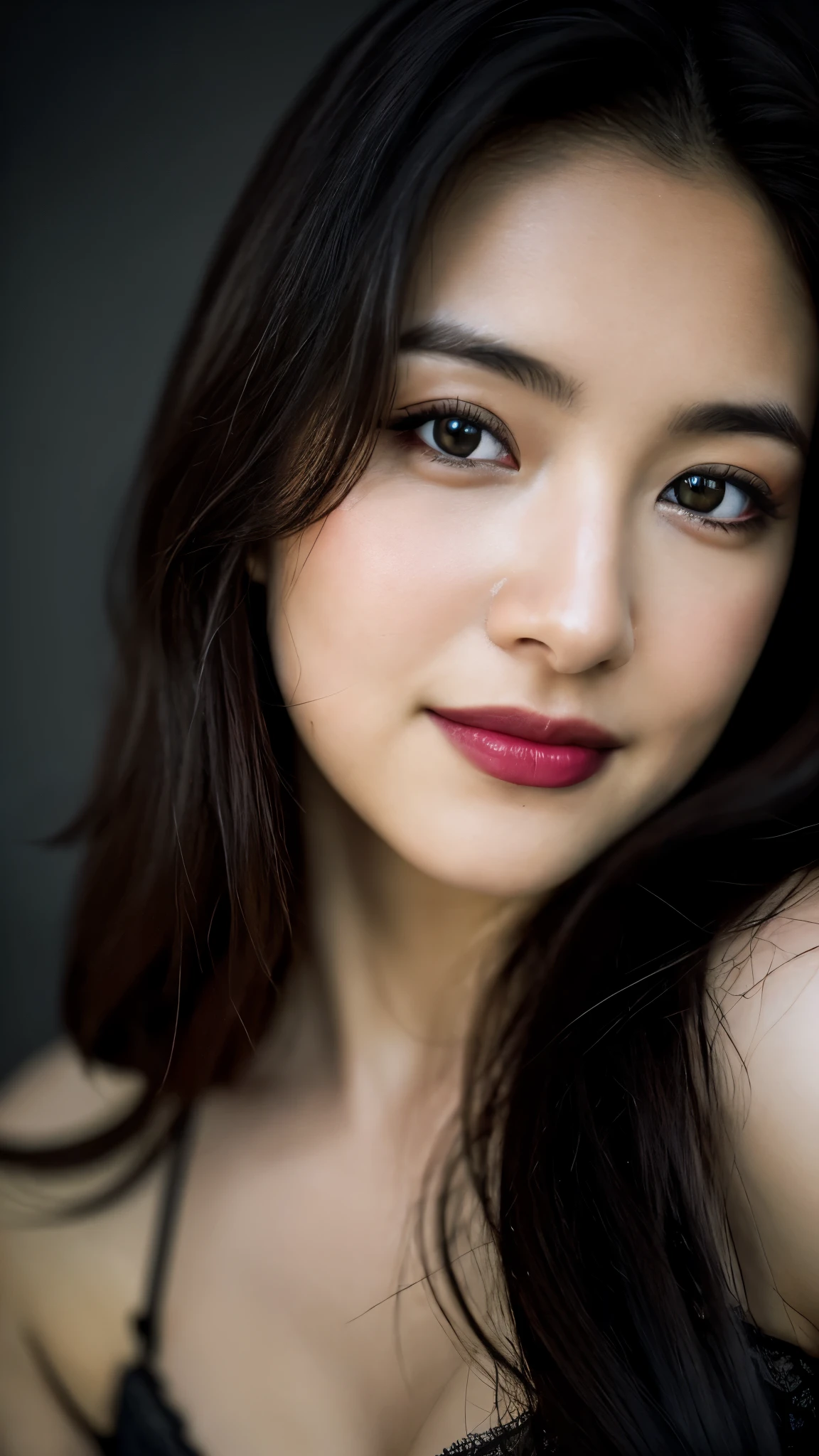 highest quality, epic realistic, ((in the pitch black darkness :1.4)), ((portrait:1.5)),(background: dark ) high contrast ,glorious picture, lowest lux, lighting face, she's comfortable, wearing lingerie, looks incredible, (8k, Raw photo, Highest quality),(epic realistic:1.5), a woman, face,(detailed eyes:0.8),(looking at the camera:1.4), (Highest quality), ( high contrast, deep shadows),Intricate details,cinematic,((skin:1.4)), (long dark hair:1.3), long hair, messy ,(Hdr:1.5),Detailed, colors, Superior quality, Masterpiece, Raw Photo (20-year-old, looking at viewer), beautiful, (wearing underwear,), perfect, natural, perfect composition, portrait, perfect face, smiling expression, Captivating eyes, Bright details, Tight lips, (High Skin Detail),, (blue tint: 0.6), (sale: 0.8), (bloody: 0.7), Key lighting , (backlight: 0.5), Medium depth of field, Canon 5d, 50mm lens, f/4 apertures, (Ultra-detailed, Complex detail), sharp focus, soft colors, 8k, Absurd, 80mm, dark background, photography, smiling, medium ,