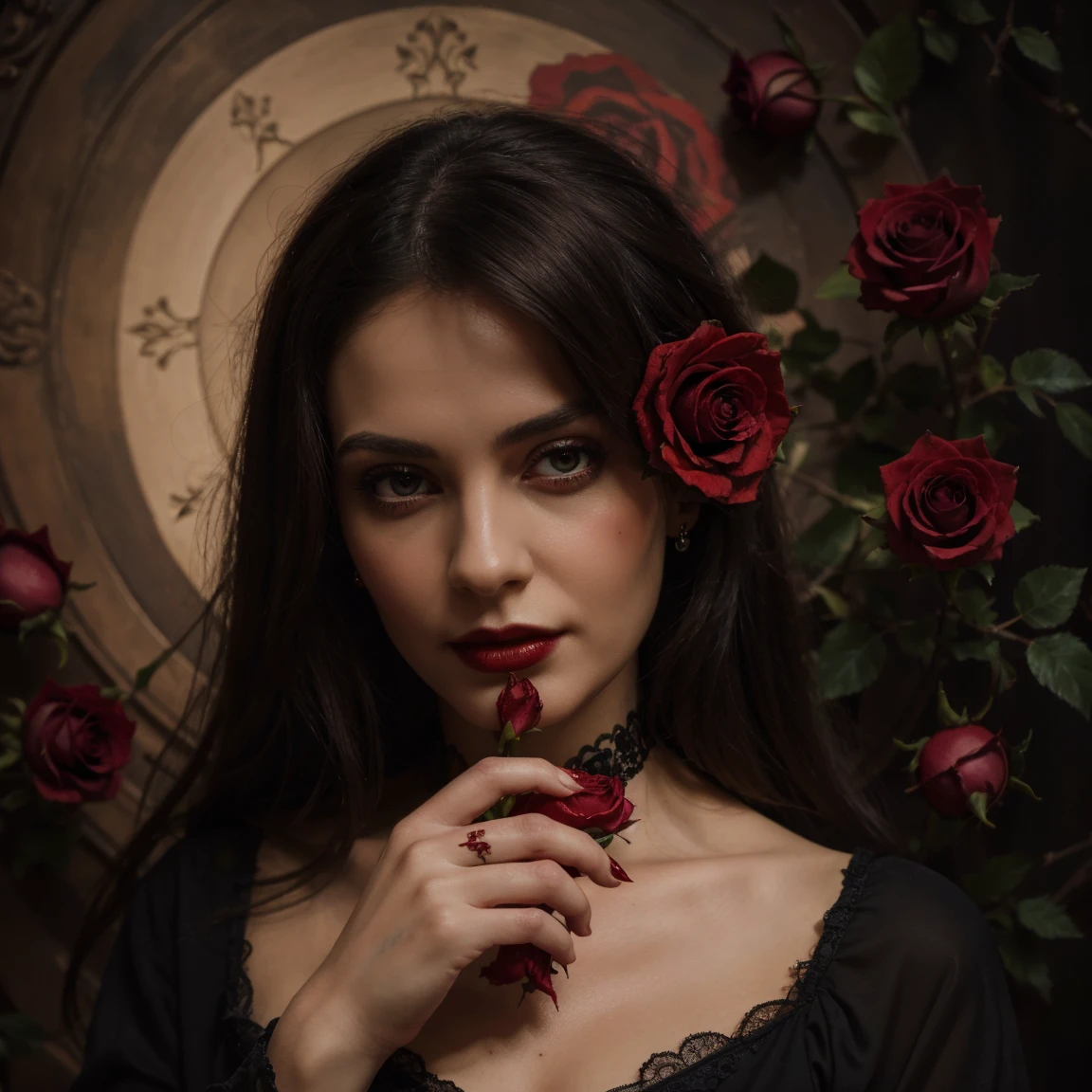 (best quality,highres:1.2),oil painting,detailed woman's hand,centered,holding a red rose,fading petals,gothic style,dark and vibrant, blood details,small flickering flame