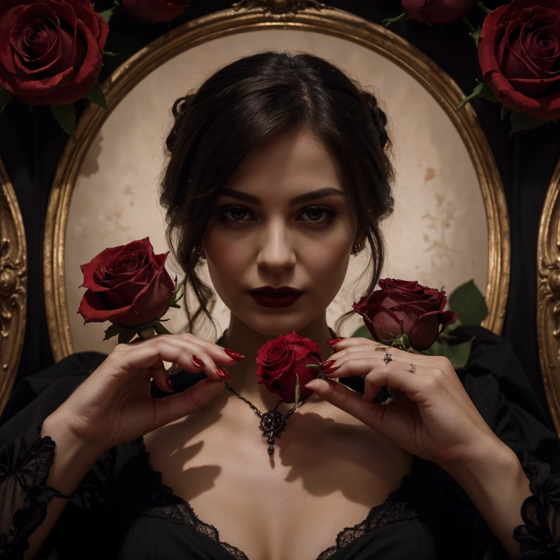 (best quality,highres:1.2),oil painting,detailed woman's hand,centered,holding a red rose,fading petals,gothic style,dark and vibrant, blood details,small flickering flame