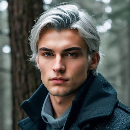 A young man with silver hair and intense blue eyes, this 8k image captures his sleek and Sexy appearance as he stands amidst a forest surrounded by pines and snow. The resplendent light filters through the trees, illuminating his every feature in the highest detail. This photograph is a stunning work of art, worthy of admiration and awe.