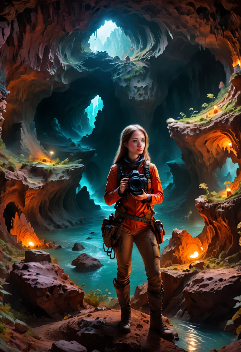 a female Camera operator, taking photos, Underground caves, high saturation, fantasy art, enhance, intricate, (best quality, masterpiece, Representative work, official art, Professional, 8k)
