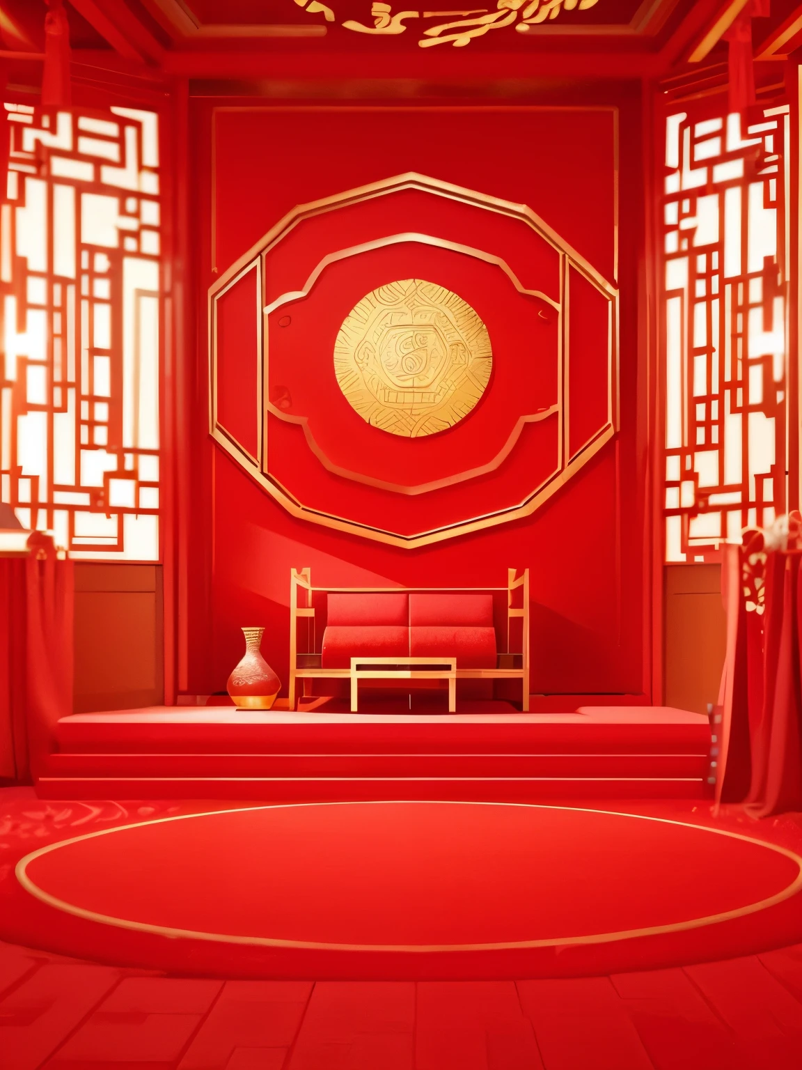 a close up of a red room with a red carpet and a red table, Chinese style, red room, exquisitely designed throne room, 8k, 8k, Celebrating Chinese New Year in Shanghai, red theme, Popular topics on cgstation, red theme, Inspired by Wang Yi, 9K, 9k, Beautiful rendering of the Tang Dynasty,light and shadow,c4d