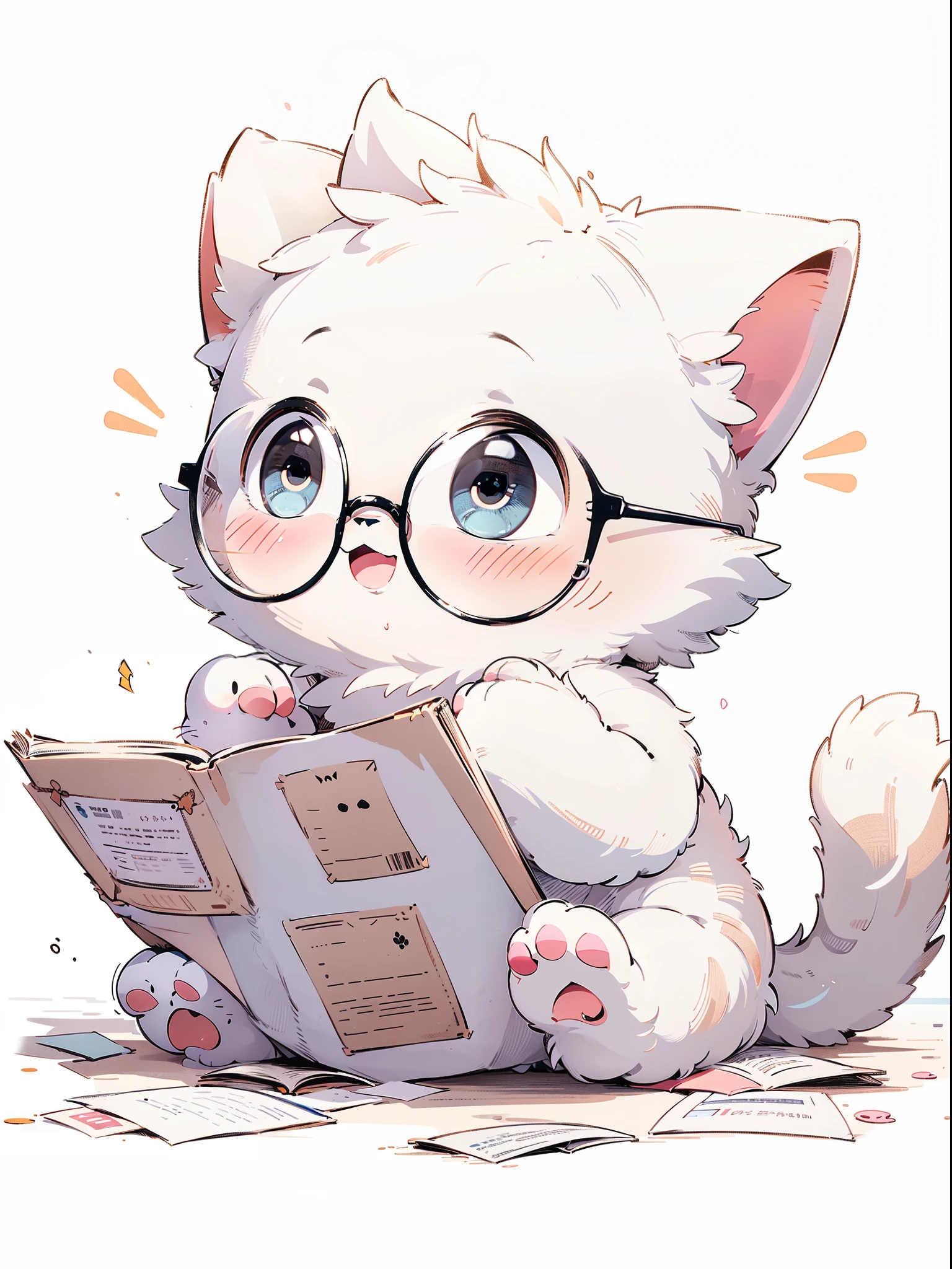 (Masterpiece:1.2, high quality),Light blue eyes:2,Cat,Black-rimmed glasses,book:2.5,Animal focus,paw,light blue hair:2