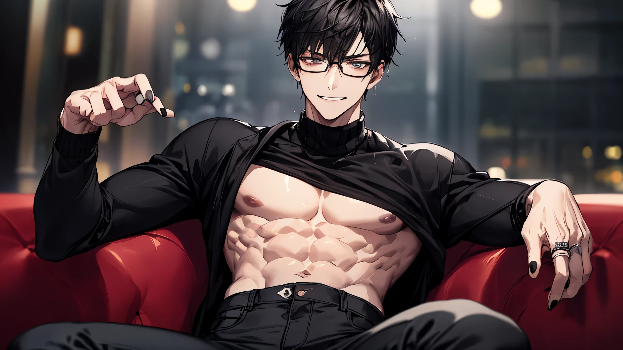 1 guy, black jeans, the black sweater is slightly raised and the abs are visible, Thin, pale, rings on fingers, black nails, Glasses, black hair, a little sporty, hand to chest, Glass eyes, Malice, anger, portrait, cinematic lighting, Blur background, Best quality, night city, Dark tones, Wet, Brown eyes, grinning, lying on the sofa, in headphones, many veins on the body,