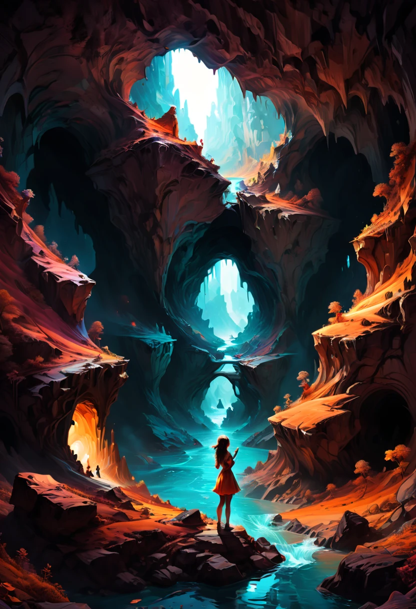 a female painter, beret, Underground caves, Brush, easel, oil painting, high saturation, fantasy art, enhance, intricate, (best quality, masterpiece, Representative work, official art, Professional, 8k)