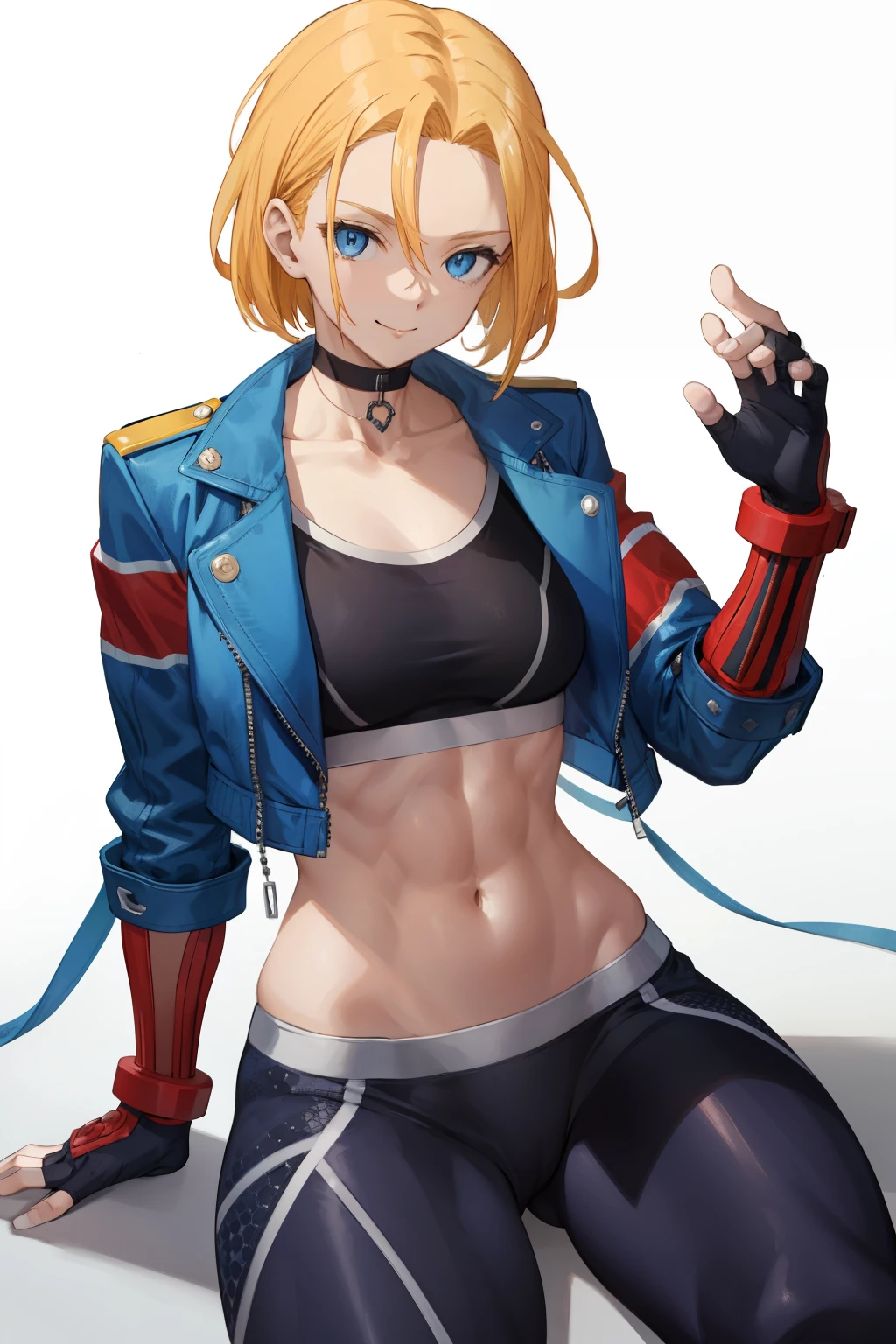 Cammy SF6, black play sports often, choker, 1 girl, alone, open clothes, black pants, looking at the viewer, belly button, abs, white background, blue eyes, facial scar, red gloves, cheek scar, muscular, antenna hair, put your hand on your waist, black choker, open jacket, cropped jacket, thick thighs, blonde hair, fingerless gloves, play sports often, short hair, thighs, muscular female, abdomen, blue jacket,sitting,smile,Beautiful night city