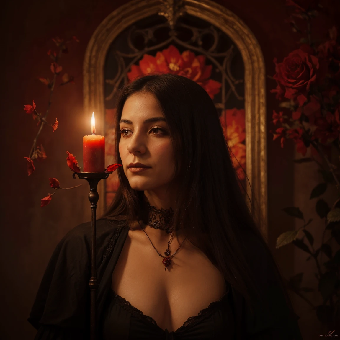 (Mejor calidad,high resolution:1.2),oil painting,mano de mujer detallada,centrado,sosteniendo una rosa roja,fading petals,Gothic style,oscuro y vibrante, Detalles de BLOOD,small flickering flame