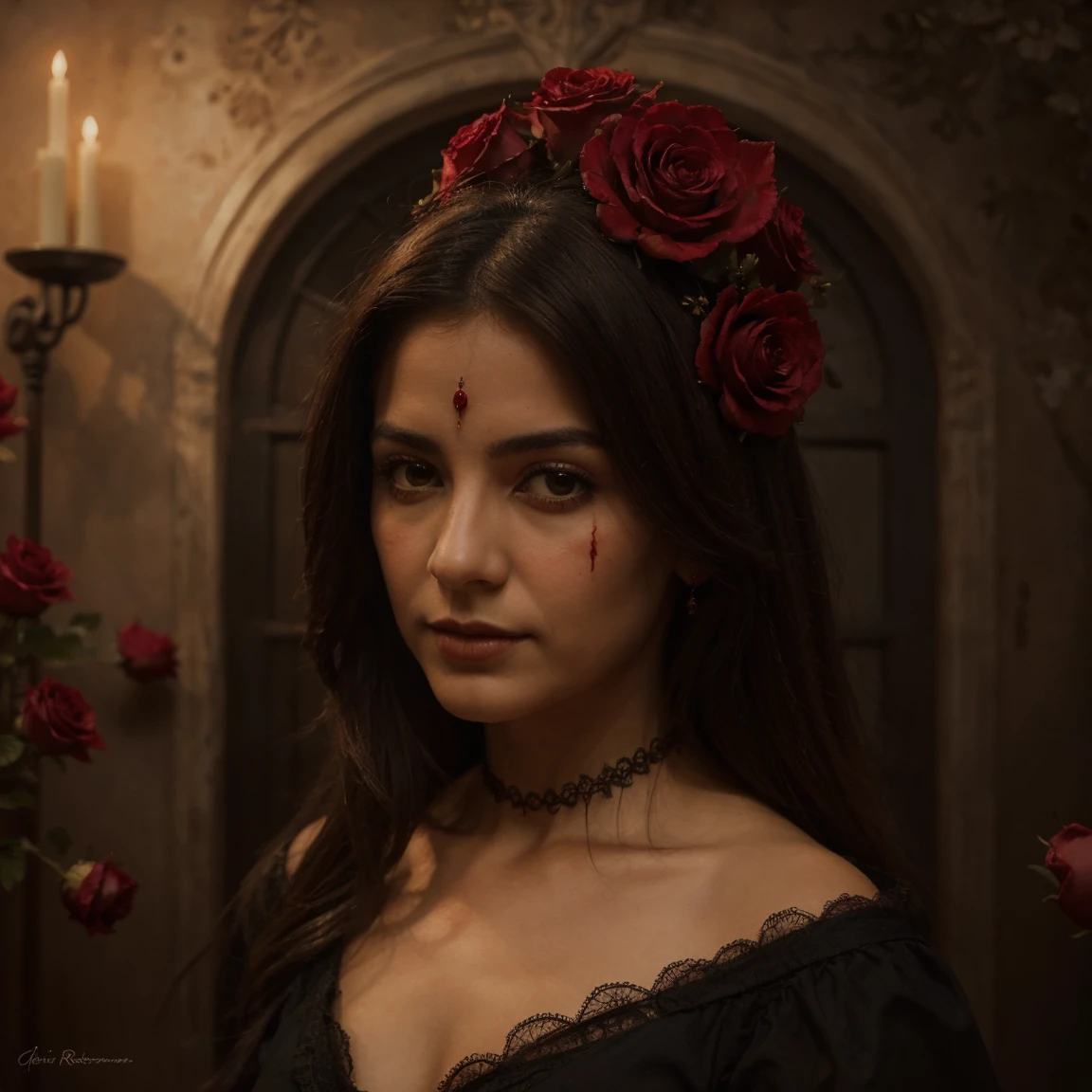 a skull with roses and leaves on its head, skull made of red roses, fantasy skull, highly detailed dark art, sacred skull, 8 k altamente detalhado, Death skull, 8k detailed art of high quality, Dark digital art, but detailed, adorned with demonic skulls, 4 k highly detailed art, high detailed digital art, gothic art