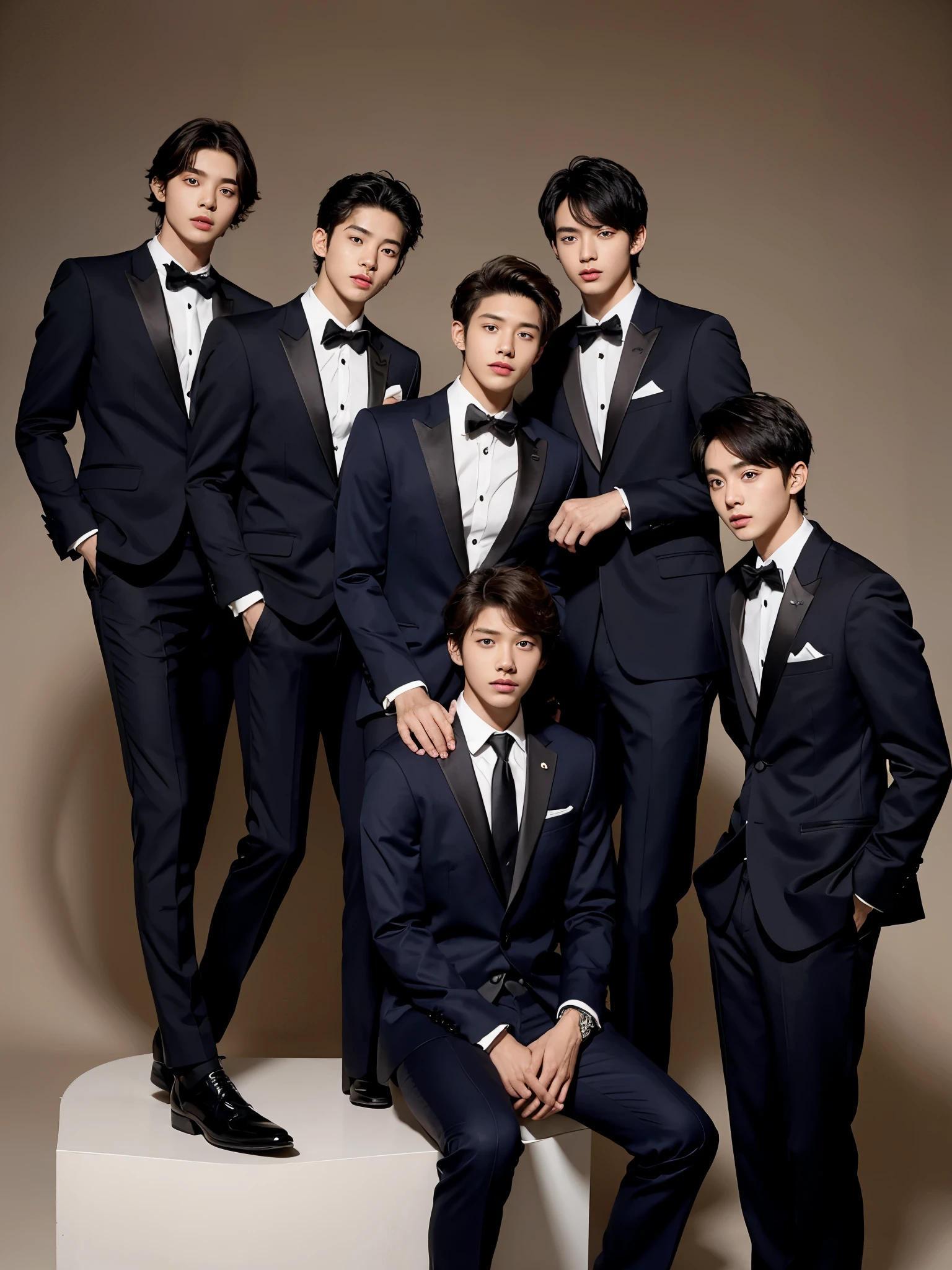 four boys in the photo, 17 y.o, Korean face, comma hair, suit, simpel background, photo shoot