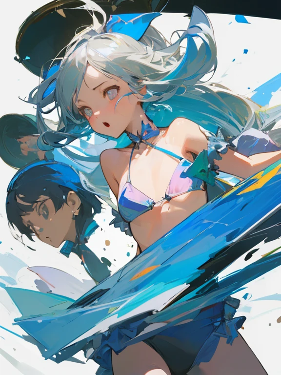 masterpiece、Highest Quality、beautiful、one girl、random facial expressions、random hairstyle、bikini、dynamic angle、don&#39;t look at the audience、Simple white background