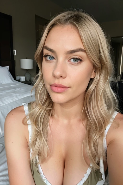 Kira Hope with long platinum blond hair and blue eyes, thick eyebrows, big width lips, in the style of precisionist, wavy, textural layering, light amber and pink, olive cotton, flattering lighting, effortlessly chic, in bedroom