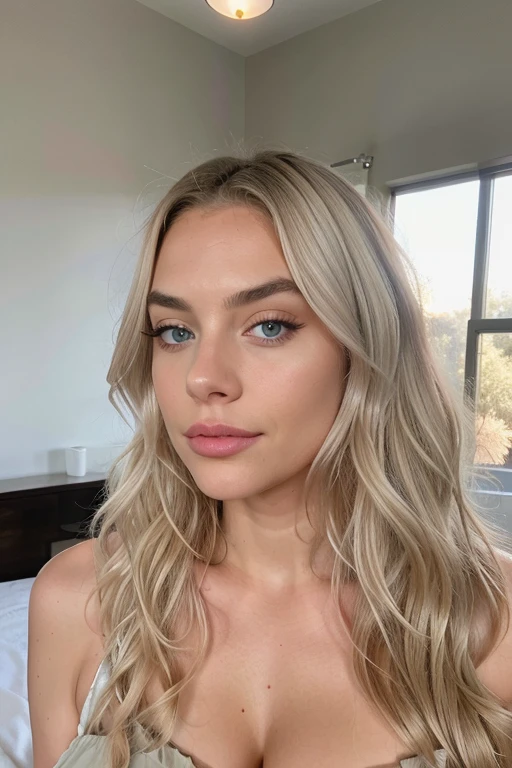 Kira Hope with long platinum blond hair and blue eyes, thick eyebrows, big width lips, in the style of precisionist, wavy, textural layering, light amber and pink, olive cotton, flattering lighting, effortlessly chic, in bedroom