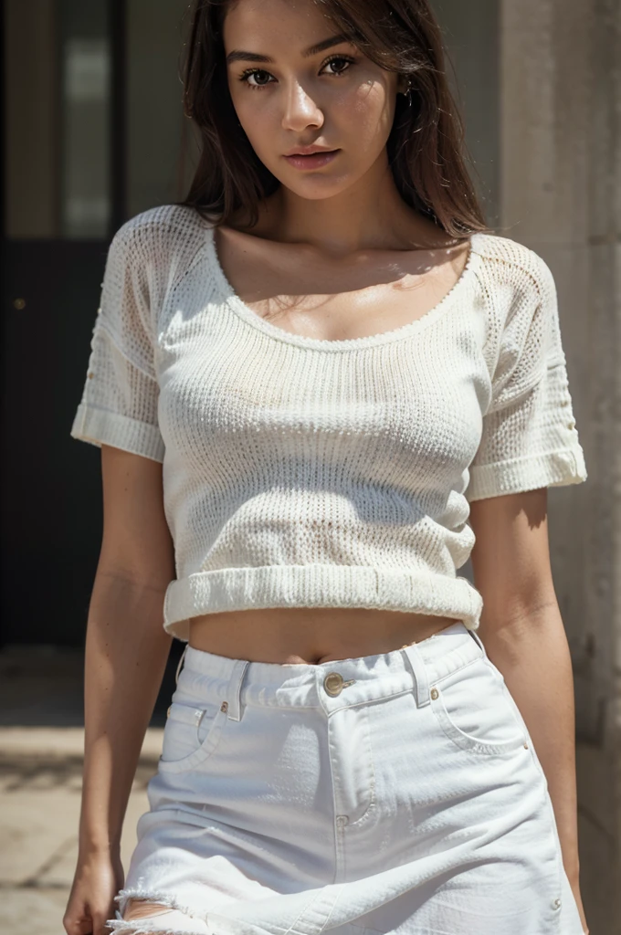 woman wearing a simple yet stylish knitted white top paired with a denim skirt, natural beauty, depth of field, cinematic lighting, masterpiece, breathtaking, photo-realistic, portrait shot