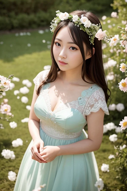 A stunning photograph captures Hinata, a beautiful lady, in a serene and ethereal setting. She stands in a lush flower field, her flowing dress matching the vibrant colors of the blossoms around her. The soft morning light illuminates her delicate features, casting a gentle glow on her face. The overall mood is one of tranquility and grace, as she gazes into the distance with a serene expression. The style of the photograph is dreamlike, reminiscent of a fairytale, with a touch of vintage elegance. The realization is achieved with a high-resolution DSLR camera, utilizing a shallow depth of field to focus on Hinata while creating a blurred background, enhancing the sense of enchantment.