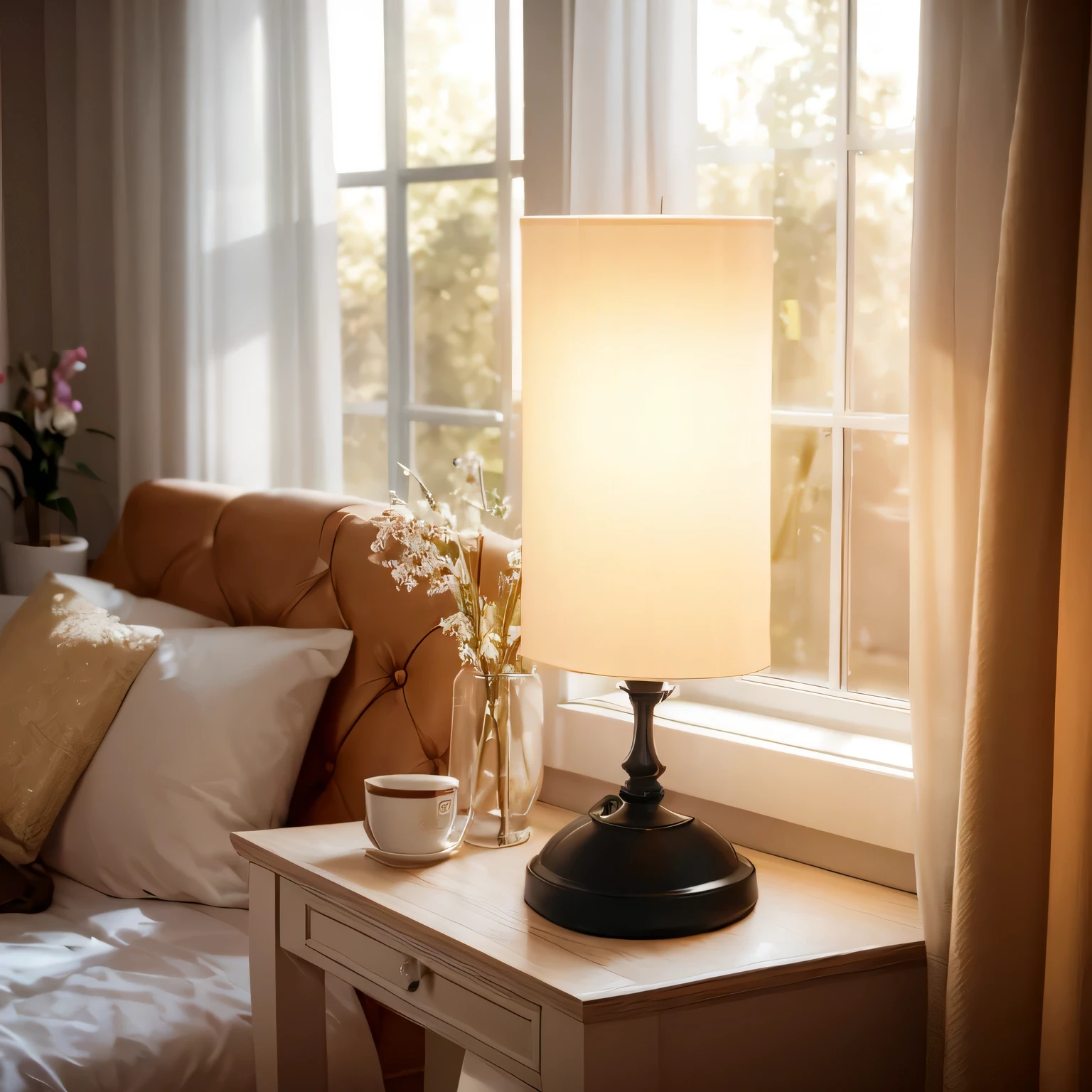 Real-world scenarios，Photographed，photography，There is a lamp on the table near the window, holding up a night lamp, beautiful smooth soft light, light lighting side view, Soft ambient lighting, best lighting, lamps, Bright ambient lighting, warm ambient light, dim ambient lighting, beautiful ambient light, ambient amber light, Extremely high quality lighting, Soft indoor lighting, soft warm light, desk lamp
