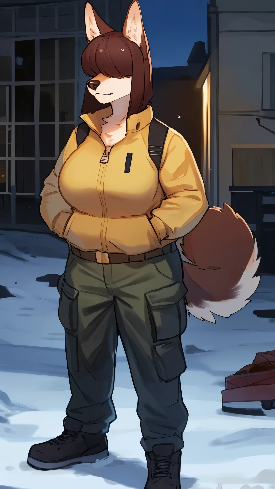 By bebebebebe, by lostgoose, by goonie-san, female, ((canine, snout, hair covering eyes, straight hair, medium hair, flat hair, ears, thin snout)), brown fur, (big poofy tail, raised tail), dark maroon hair, (muscular), big breasts, solo, destroyed grocery store, zombie apocalypse, winter jacket, cargo pants, ((holding machete))