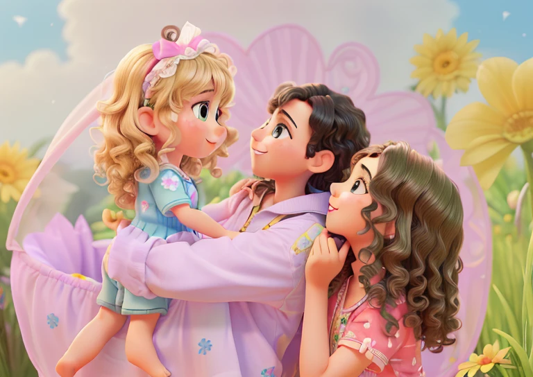 A girl playing with her parents,"beautiful detailed eyes", "beautiful detailed lips", "extremely detailed eyes and face", "long eyelashes", "joyful expression", "curly hair", "lovely smile", "soft sunlight", "cheerful atmosphere", "green garden", "colorful flowers", "lush grass", "comfortable clothing", "happy family moment", "warm bonding". (best quality, 4k, high-res, masterpiece:1.2), "ultra-detailed", "realistic", "vivid colors", "portrait".