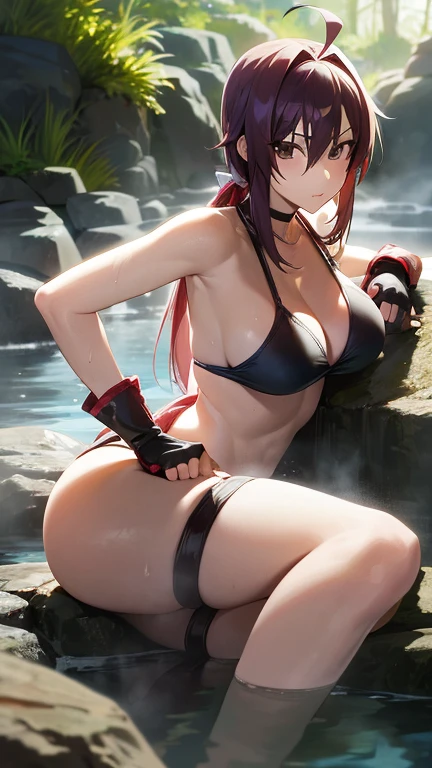 anime (Sekirei), lady , sexy (very big ), actress (Sekirei) , brown eyes , brown short hair that is to waist length, stockings, fingerless gloves, ahoge, boots, bikini, She soaked in the hot water at the onsen in the forest.