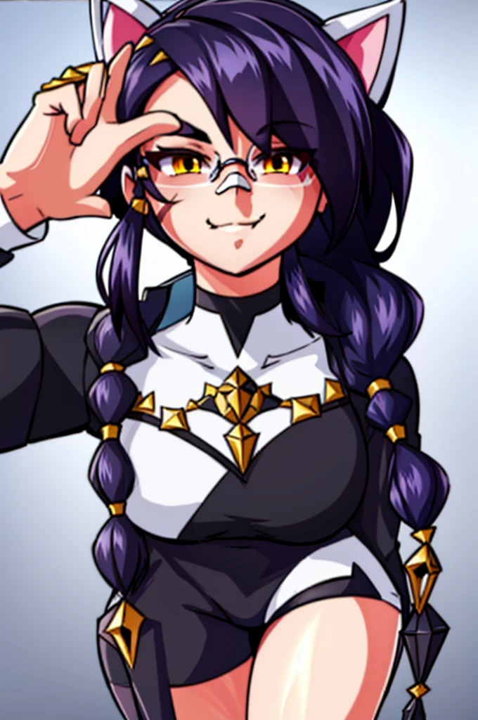 Erisa, Drip, 1girl, solo, long hair, looking at viewer, black hair, bandaid on face, yellow eyes, animal ears, smile, bandaid on nose, braid, cat ears, bandaid, bangs, breasts, fake animal ears, simple background, fang, scar, teeth, closed mouth, hair over one eye, portrait, hair over shoulder, shorts, skin tight outfit, glasses, seductive, realistic, best quality, masterpiece, ultra detail, ultra high res, extreme detail, 8k