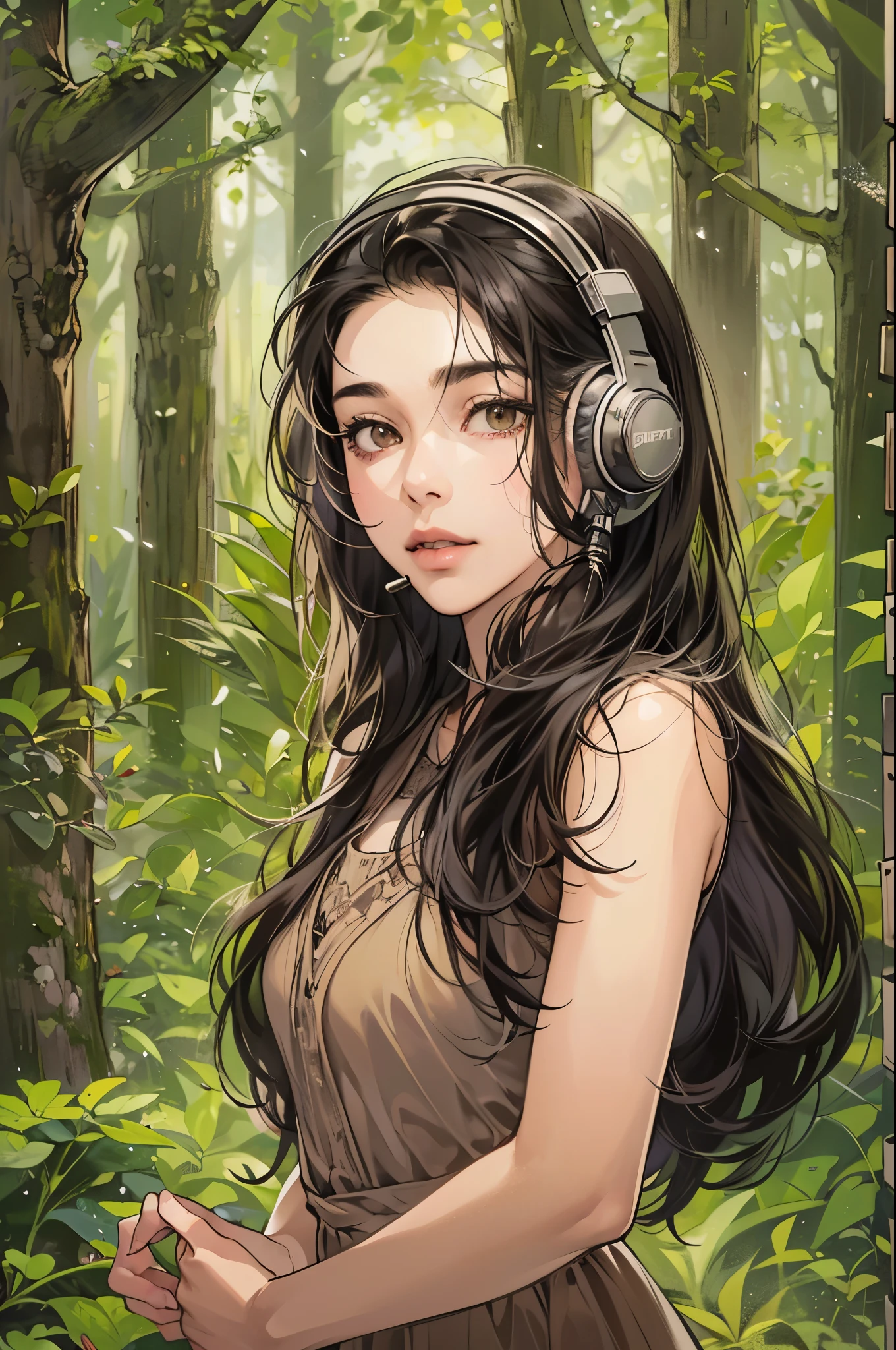 (absurdres, highres, ultra detailed, realistic, ), 1 18year-old，girl, solo, elegance， long black hair, ,short dress,brown eyes, (headphone)，forest background, ultra - detailed, best quality, Detailed diagram, vectorized, 8K,  Graphic design, vector lines, Full-HD，full body