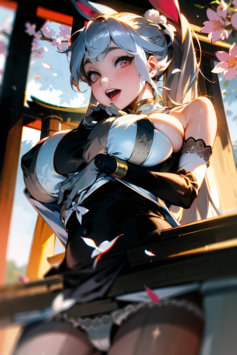 masterpiece, best quality, ultra-detailed, glistening shiny, glowing light, ray tracing, HDR, deph of field, (perfect face, detailed face, detailed eyes), 8k,HD,ultra realistic face, ray tracing, perfect lighting, best quality, ultra-detailed, shiny eyes, (looking at viewer, open mouth smile:1.1), ((1girl)), (mature female:1.4), thicc,
from below, (upper body:1.4), 1girl, mature female, high ponytail, looks at viewer, horny, silver hair, white hair, very long hair, glowing eye, pink eyes, (exhibitionism:1.3), curvy, (massive tits:1.1), glamor, glamorous, voluptuous, huge breasts,
white cheongsam, (slit cheongsams:1.3), (white pantyhose:1.2), (panties under pantyhose:1.3), bridal legwear, (asymmetrical legwear:1.1), lace trim, (showgirl skirt, cross-laced skirt, taut skirt, see-through skirt:0.5), white lace-trimmed gloves, single bridal gauntlet, (bridal garter:1.1), lissome curvaceous beauties, bare shoulders,
bunny girl, rabbit ears,
outdoors, (sitting on stairs:1.1), (torii:1.3), blossoms, (sakura blossoms:1.2), dappled sunlight, day, maniac, dynamic light, dynamic shadows, windy, belly
