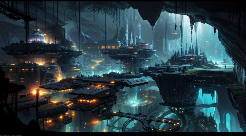 an underground city, shot from far away, massive cavern structure, futuristic city, efficient, volumetric lighting