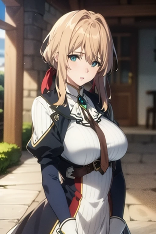Best quality at best，tmasterpiece，highly  detailed，anime big breast，1girll，The upper part of the body，violet_evergarden，mediuml breasts，s the perfect face，blond hairbl，red hairband，eBlue eyes，glowing light eyes，blue jacket，longer sleeves，white dresses，Green gemstones，brown gauntlets，exteriors，the street，depth of fields，looking at viewert，expressiveless