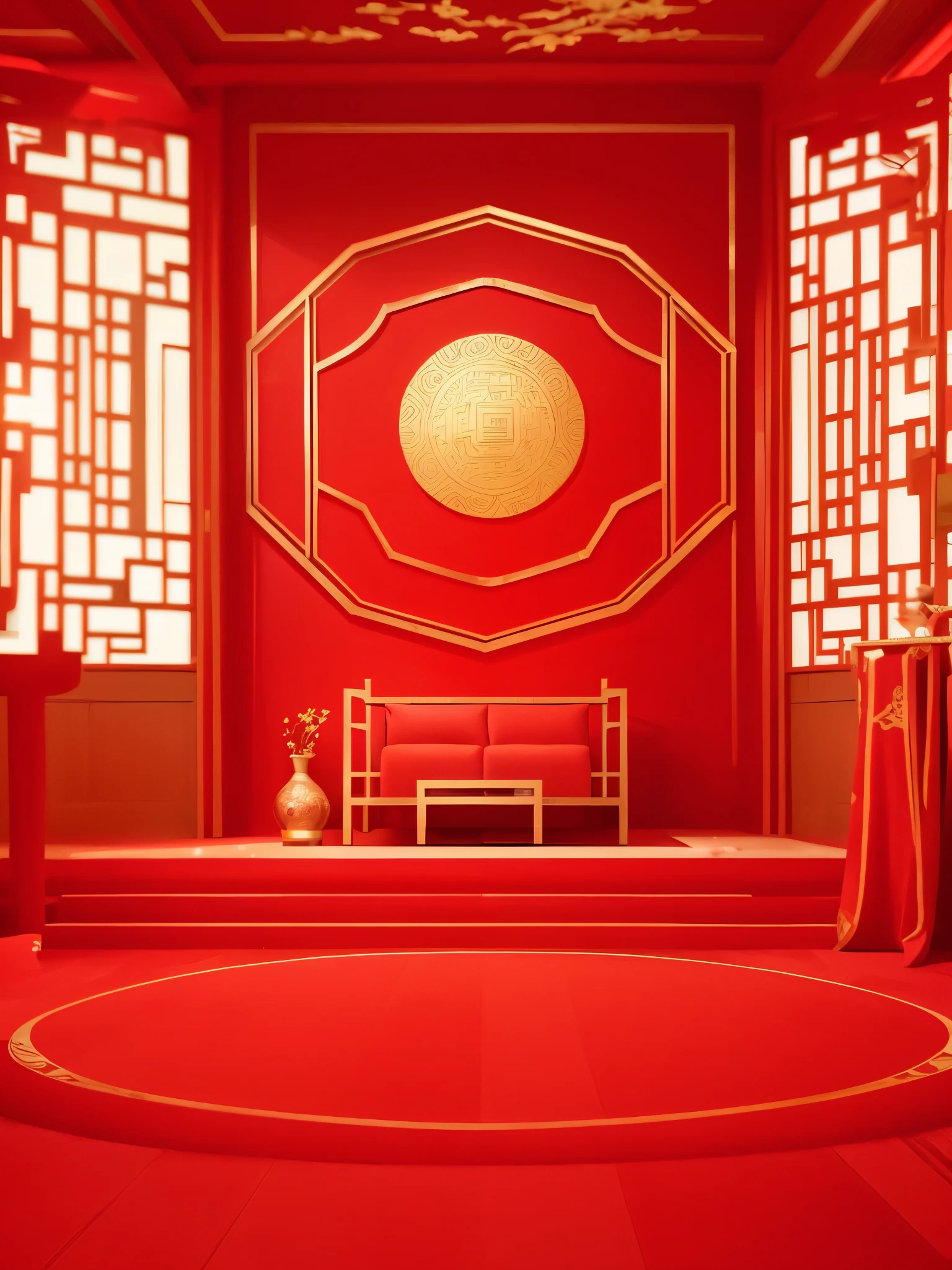 a close up of a red room with a red carpet and a red table, Chinese style, red room, exquisitely designed throne room, 8k, 8k, Celebrating Chinese New Year in Shanghai, red theme, Popular topics on cgstation, red theme, Inspired by Wang Yi, 9K, 9k, Beautiful rendering of the Tang Dynasty，light and shadow，c4d