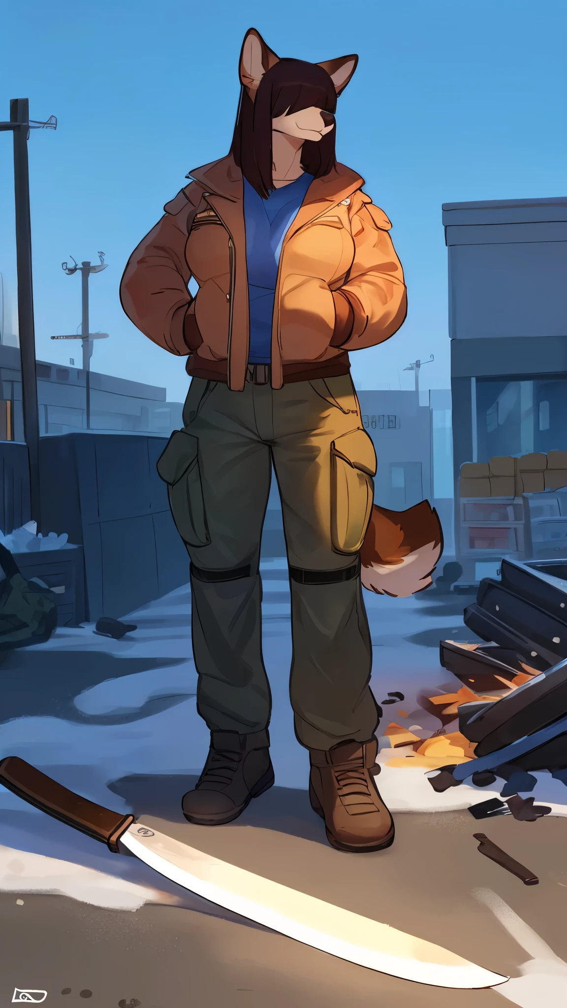 By bebebebebe, by lostgoose, by goonie-san, female, ((canine, snout, hair covering eyes, straight hair, medium hair, flat hair, ears, thin snout)), brown fur, (big poofy tail, raised tail), dark maroon hair, (muscular), big breasts, solo, destroyed grocery store, zombie apocalypse, winter jacket, cargo pants, ((holding machete))