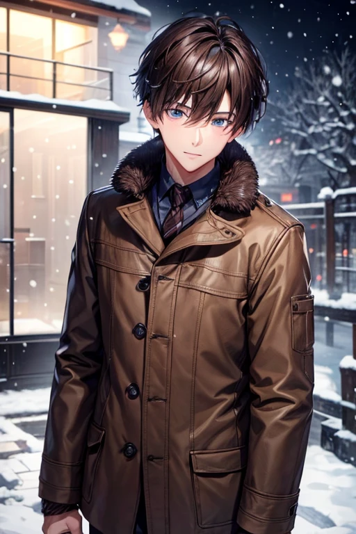 a handsome guy、20代の男性、Winter clothes、brown short hair、long sleeve、it's snowing、All hearts、night、High resolution、In 8K、sharp focus、zoom、with the best image quality、highest quality