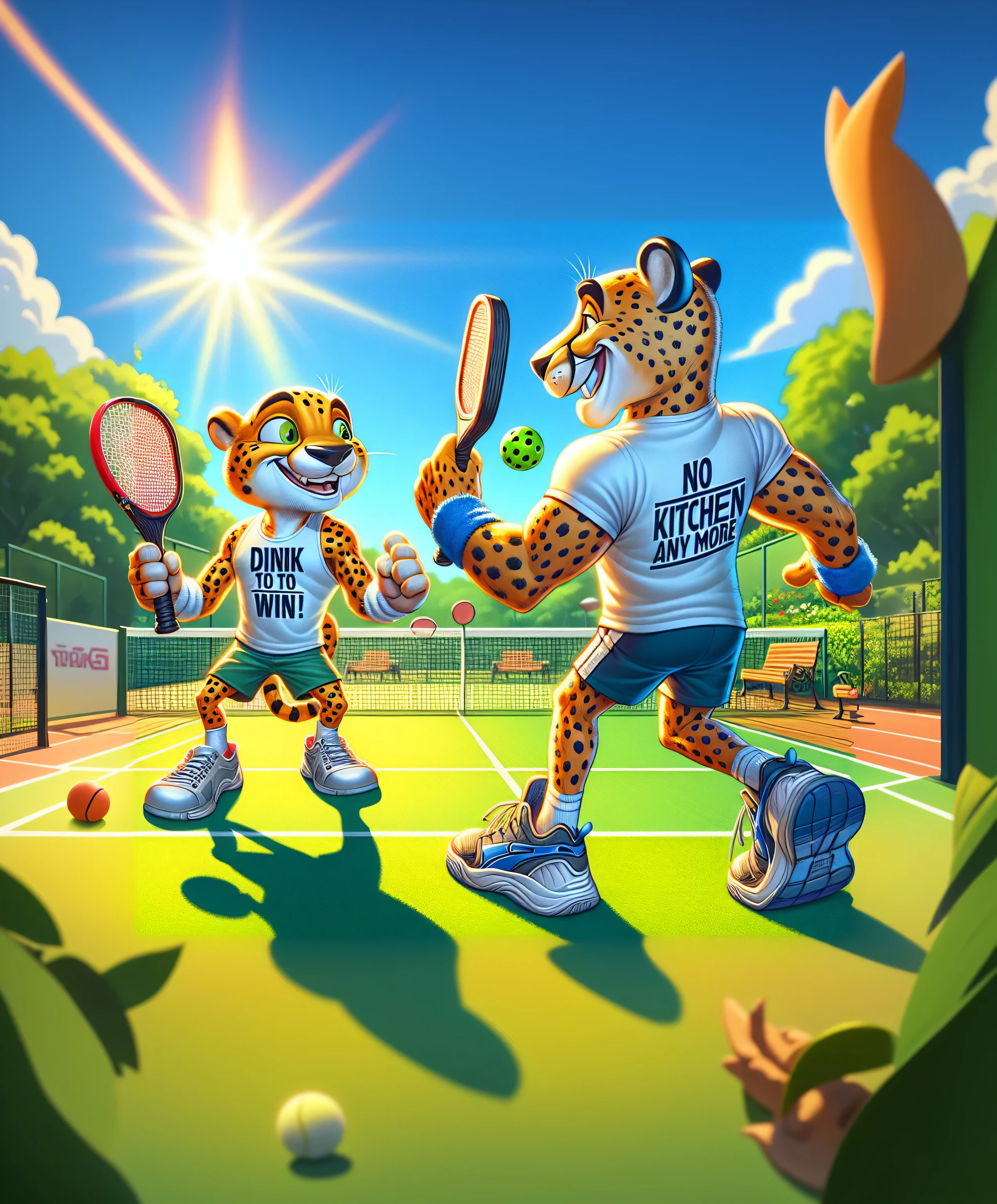 Cartoon of two cheetah tennis players on tennis court, high detailed official artwork, mobile game art, official artwork, game illustration, Stylized digital illustration, Cartoon style illustration, background artwork, playing tennis, Wayne England, author:by Milton Menasco, game art, Interesting illustration, author:Ignacio Zuloaga, Complete artistic illustration, 数字插图 -, business illustration