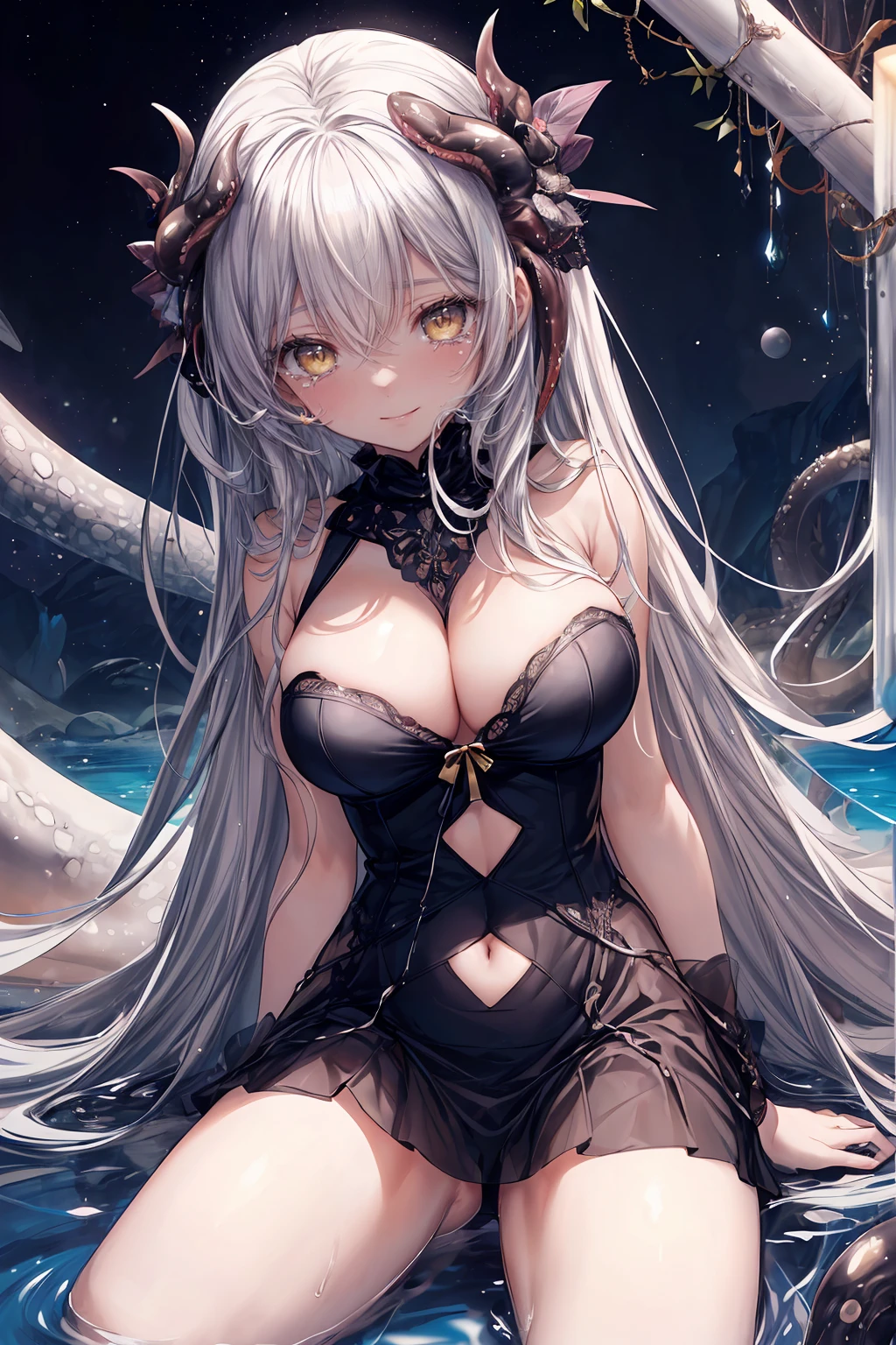 ((8Kmasterpiece,highest quality)), ultra high resolution, (masterpiece: 1.4), hyper detail, (((1 girl))),beautiful and delicate eyes,(yellow eyes),Big eyes,shining eyes of light,Thin and long eyelashes,detailed light,beautiful face,((silver hair)),((long hair)), (fearless smile),(please open your mouth wide),(Are crying),Are crying,big breasts, (((Countless tentacles clinging to a woman))),(((evil tentacles wrapped around a woman))),((Viscous liquids)),(((Women are humiliated))),(tangled up in a big snake), slender body,(big thighs),((Please lie down and spread your legs.)),((deep sea)),((dark and fantastic space))