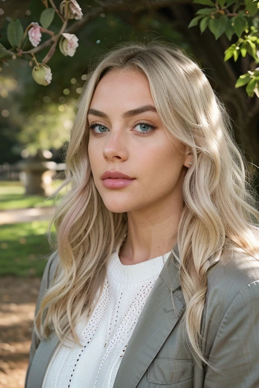 Kira Hope with long platinum blond hair and blue eyes, thick eyebrows, big width lips, in the style of precisionist, wavy, textural layering, light amber and pink, olive cotton, flattering realistic lighting, effortlessly chic, in a realistic park, looking away to the right