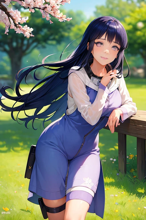 (tmasterpiece, beste-Qualit: 1.2), 1girl, Hinata Hyuga, black  hair, ssmile, closed mouth, looks at the viewer, A stunning photograph captures Hinata, a beautiful lady, in a serene and ethereal setting. She stands in a lush flower field, her flowing dress matching the vibrant colors of the blossoms around her. The soft morning light illuminates her delicate features, casting a gentle glow on her face. The overall mood is one of tranquility and grace, as she gazes into the distance with a serene expression. The style of the photograph is dreamlike, reminiscent of a fairytale, with a touch of vintage elegance. The realization is achieved with a high-resolution DSLR camera, utilizing a shallow depth of field to focus on Hinata while creating a blurred background, enhancing the sense of enchantment.