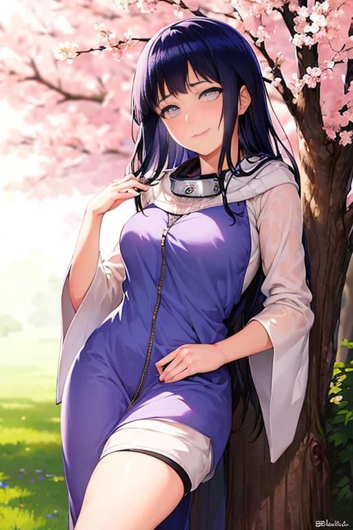 (tmasterpiece, beste-Qualit: 1.2), 1girl, Hinata Hyuga, black hair, ssmile, closed mouth, looks at the viewer, A stunning photograph captures Hinata, a beautiful lady, in a serene and ethereal setting. She stands in a lush flower field, her flowing dress matching the vibrant colors of the blossoms around her. The soft morning light illuminates her delicate features, casting a gentle glow on her face. The overall mood is one of tranquility and grace, as she gazes into the distance with a serene expression. The style of the photograph is dreamlike, reminiscent of a fairytale, with a touch of vintage elegance. The realization is achieved with a high-resolution DSLR camera, utilizing a shallow depth of field to focus on Hinata while creating a blurred background, enhancing the sense of enchantment.