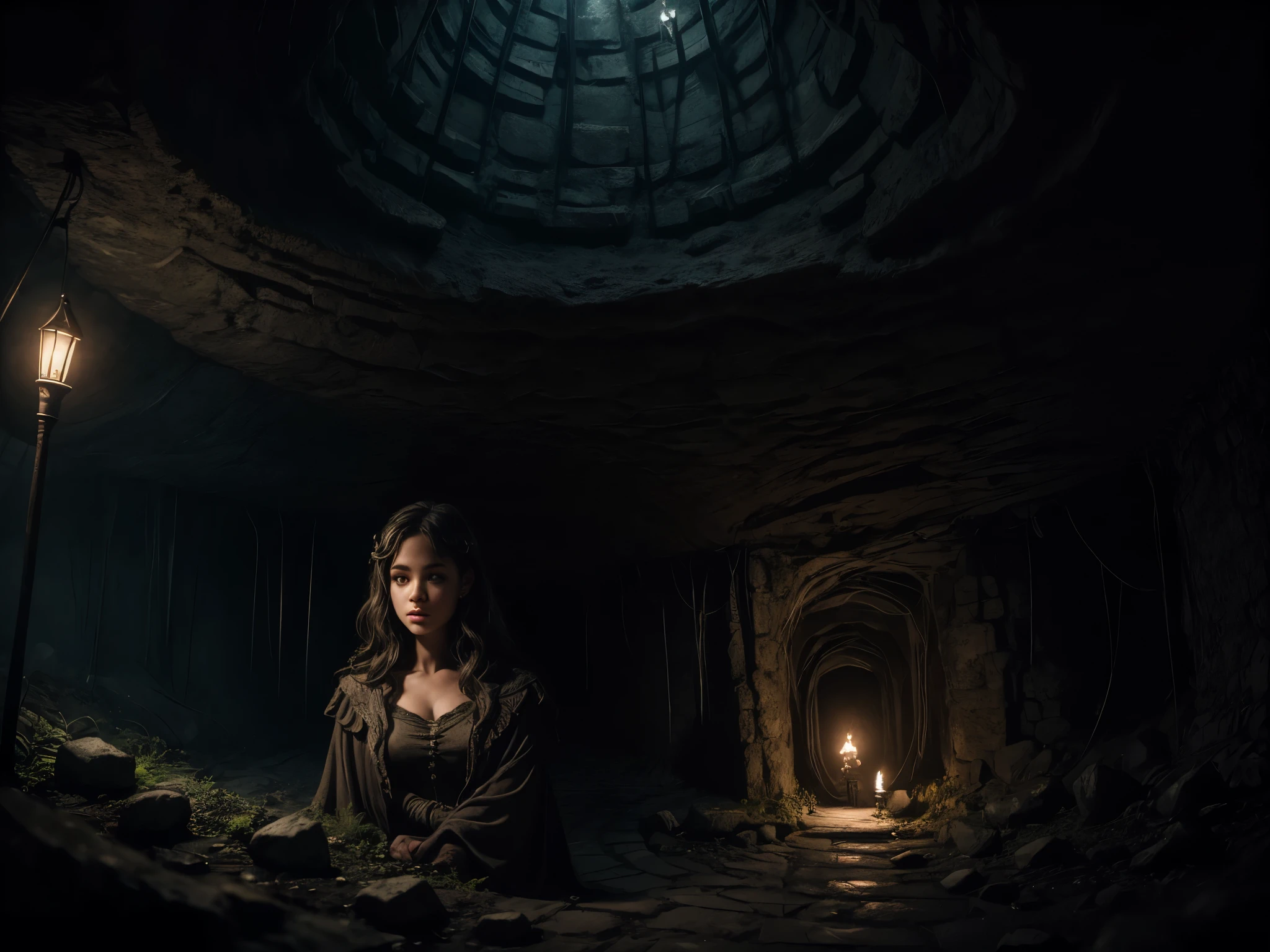 Girl lost in an ((underground labyrinth)), beautiful eye details, beautifully detailed lips, bats, underground river, high resolution, super detailed, photorealistic, dark atmosphere, dark lighting, stone texture, mysterious shadows, creepy landscape, horror, underground, underground river, lit torches, damp walls, winding roads