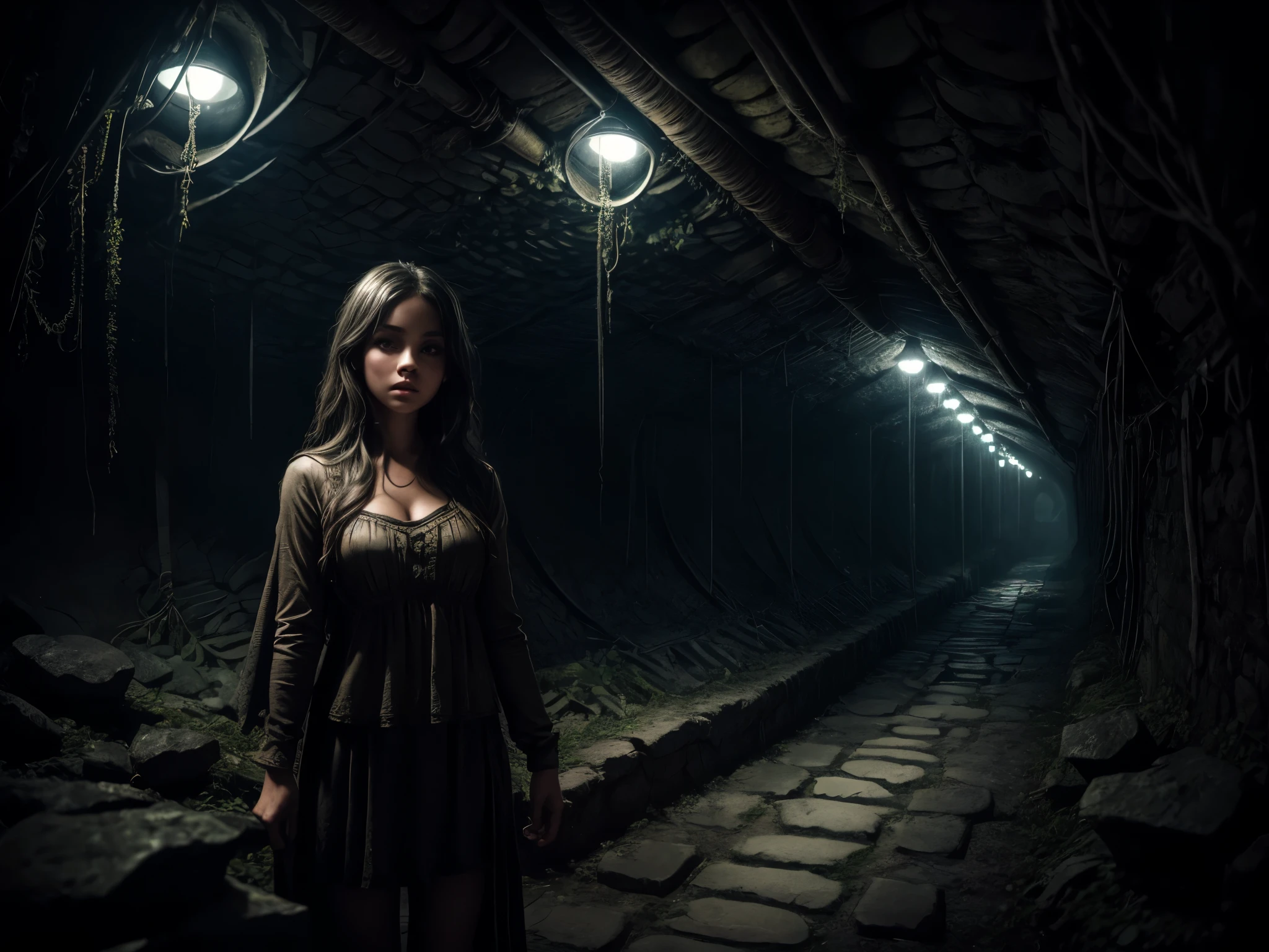 Girl lost in an ((underground labyrinth)), beautiful eye details, beautifully detailed lips, bats, underground river, high resolution, super detailed, photorealistic, dark atmosphere, dark lighting, stone texture, mysterious shadows, creepy landscape, horror, underground, underground river, lit torches, damp walls, winding roads