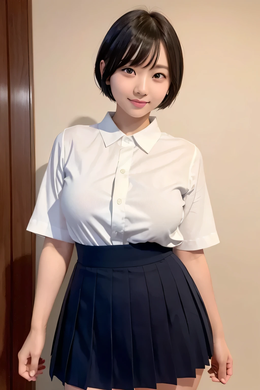 (narrow eyes:1.1), frontal shot , From the middle , (black eye), (japanese woman), 1 girl, (small eyes:1.1), very beautiful 17 year old girl, beautiful breasts:1.5, (short hair:1.3), (highly detailed eyes:1.2), (beautiful breasts:1.1), bangs, (thick legs, huge hips, thick thighs), perfect skin, Fair skin, tight waist, light blush, alone, looking at the viewer, light smile, (white shirt, crew , dark blue pleated skirt:1.2)
