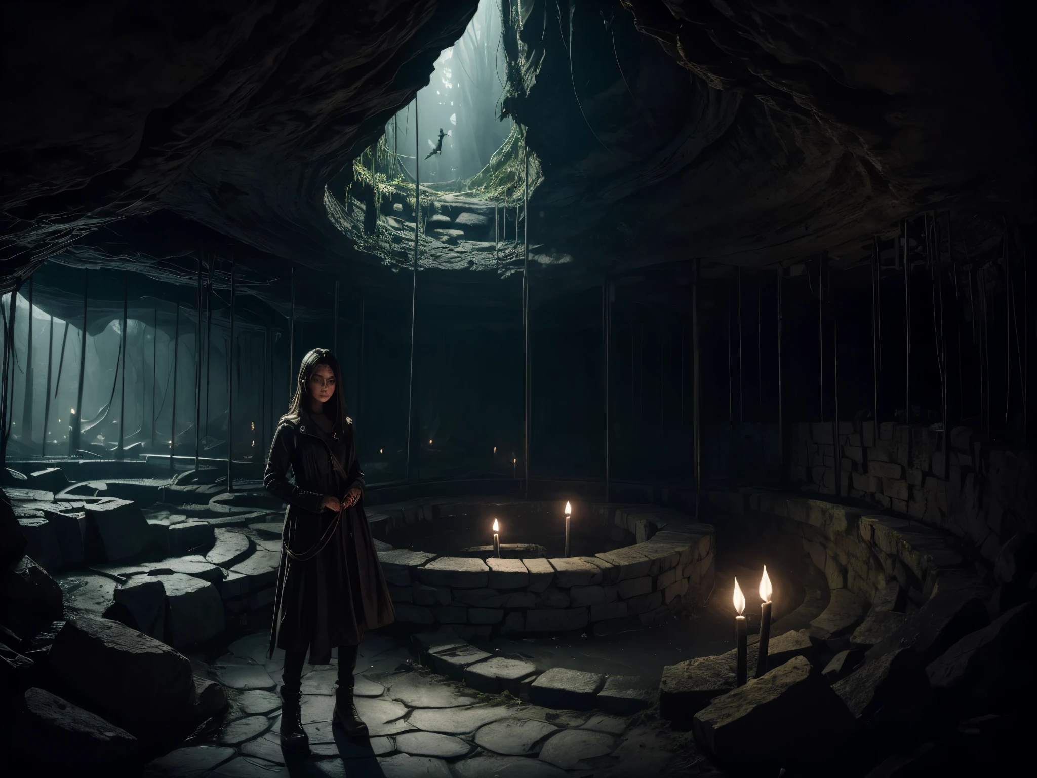 Girl lost in an ((underground labyrinth)), beautiful eye details, beautifully detailed lips, bats, underground river, high resolution, super detailed, photorealistic, dark atmosphere, dark lighting, stone texture, mysterious shadows, creepy landscape, horror, underground, underground river, lit torches, damp walls, winding roads