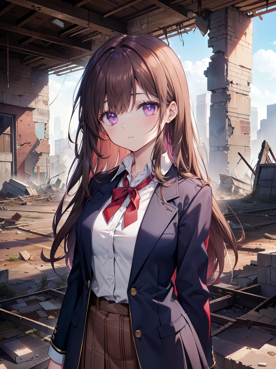 (Abandoned towns, Broken Buildings, Collapsed rubble in the background), Mechanical Wall. Wall piping, Dirty broken cracked walls, rusty rubble of ruins, large pieces,　small breasts、gal、high school student、Brown hair long hair、Navy blue blazer  with red ribbon、((Reddish-purple eyes))