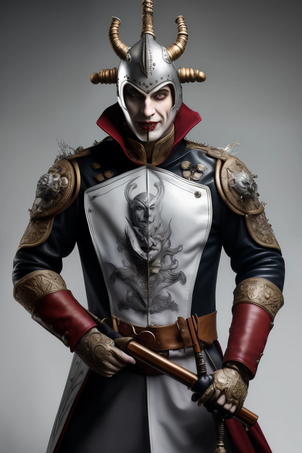 maniacal jester, expressive eyes, bald, holding musket over shoulders, pale white face, plumed helmet, intricated outfit, luxurious outfit, leather armoured gloves, hyperdetailed artwork, 