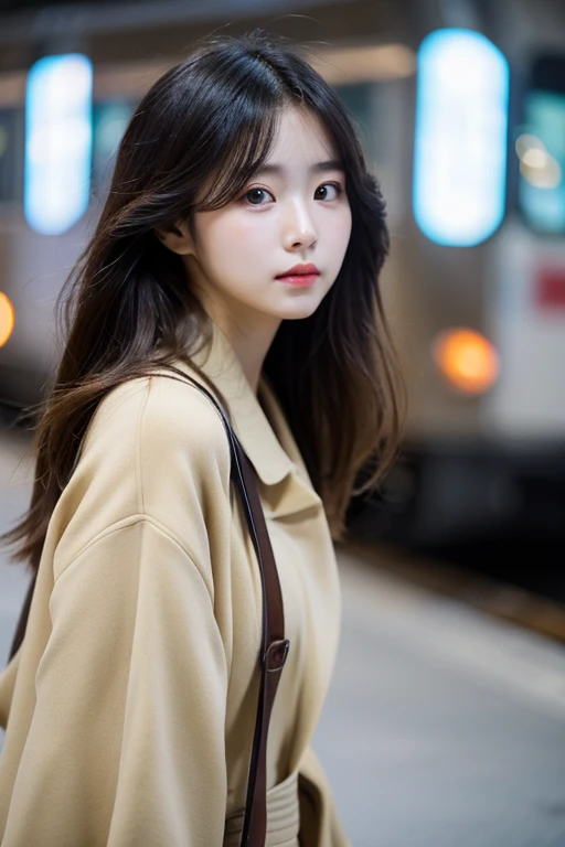 Cinematic Photo of a beautiful korean fashion model bokeh train