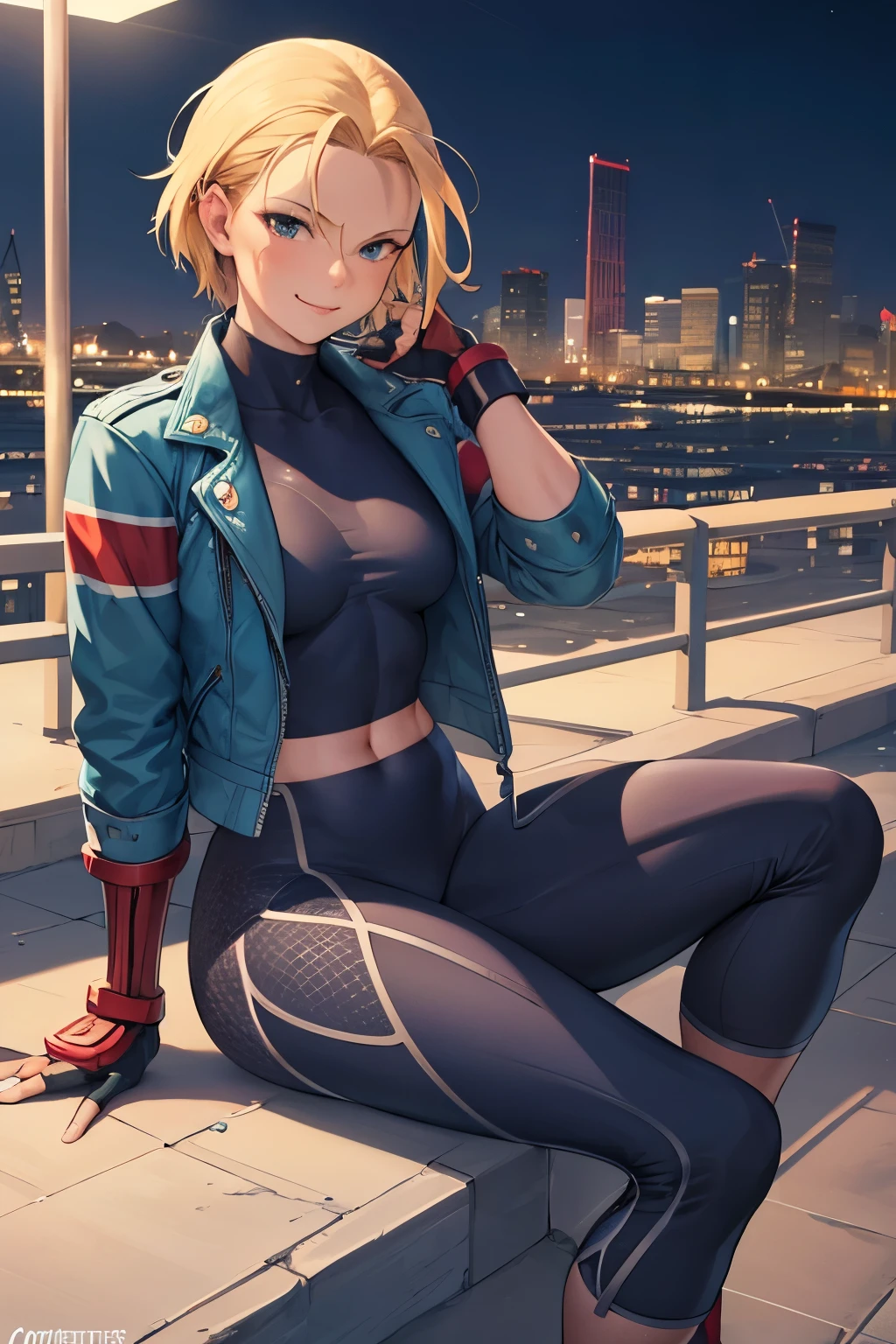 Cammy SF, pants, pants, Jacket, often play sports, short hair, sitting, highest quality, masterpiece, High resolution,view audience,smile ,Street at night
