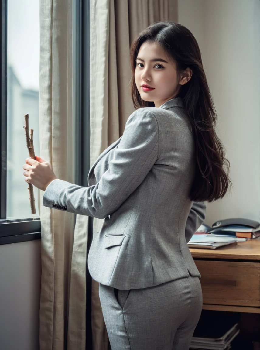 (8k, RAW photos, top quality, masterpiece: 1.2,(Best quality, 8k, 32k, Masterpiece, UHD:1.2), 1girl, narrow waist, grey suit, suit, pants, office room, (stick out one's buttocks:1.2),bigo girl2