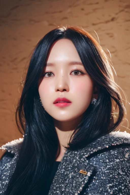 (a picture of Mina, winter coat, black hair, snow, outside, face crop), (detailed lighting, extremely detailed skin, extremely detailed hair, shadows, 8k), looking at viewer, (High Key Lighting), masterpiece, top quality, best quality, official art, unity 8k wallpaper, highres, ultra-high res, ultra-detailed, beautiful and aesthetic
