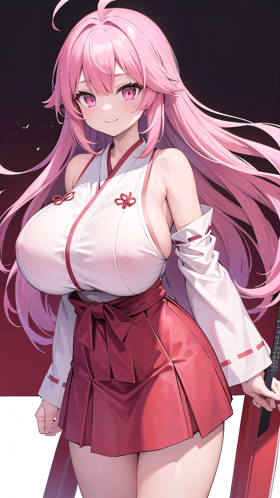 1 girl, game cg, red and white miko, shoulders visible, short hakama skirt , ((gigantic breasts)), pink hair, long hair, straight hair, ahoge, pink eyes, standing, smiling, dynamic, white background,
