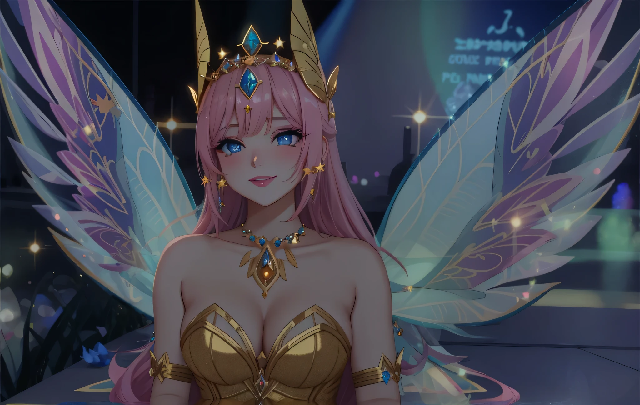 there is a woman in a gold dress with a crown on her head, smiling as a queen of fairies, unreal engine : : rave makeup, fairy queen, queen of the fairies, unreal engine render + a goddess, 4k octan render, 8k artgerm bokeh, princess of light, rendered in sfm, (masterpiece), long eyelashes, yellow star, bright blue eyes, looking up, light pink lips, pink makeup