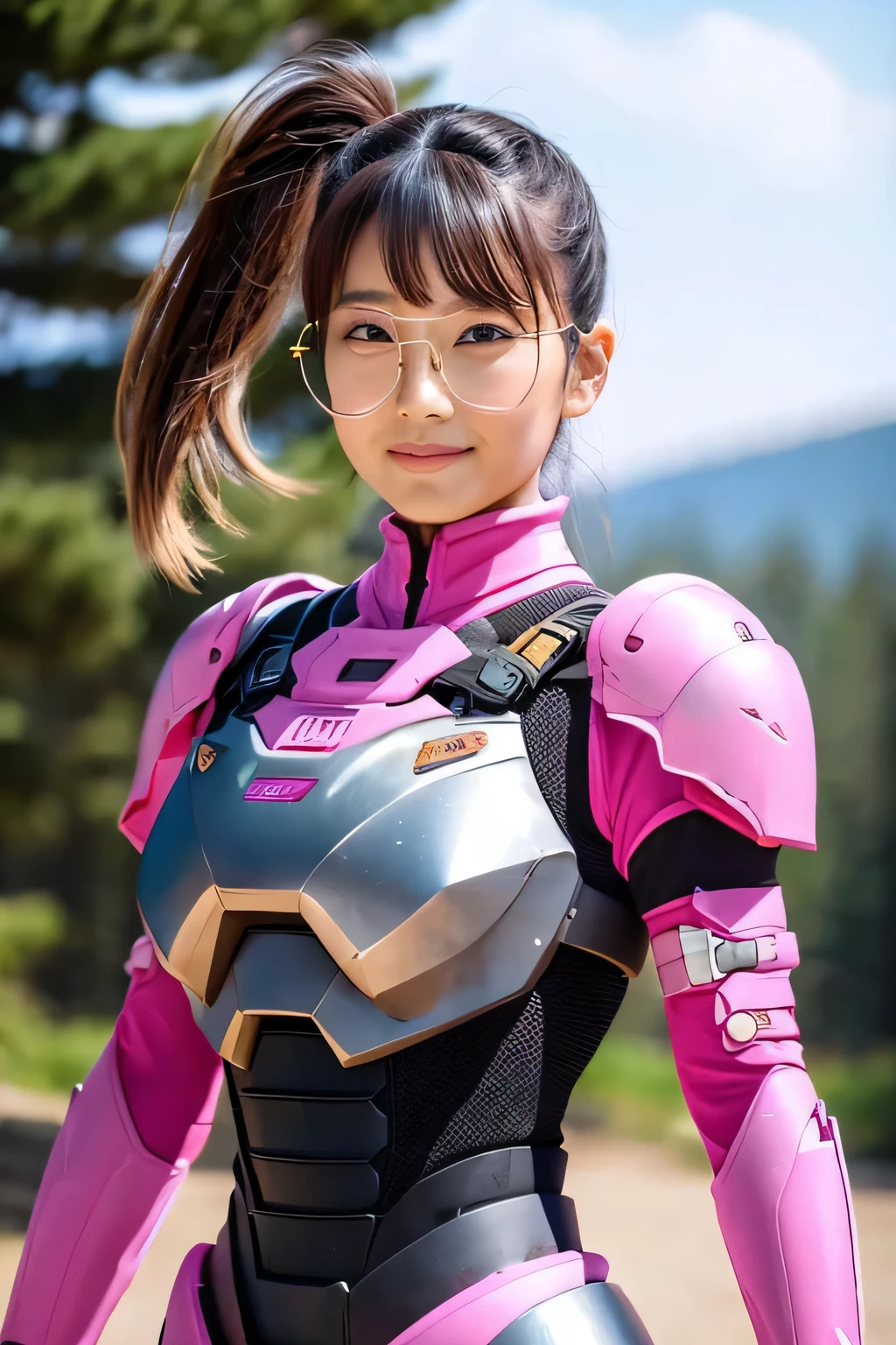 A woman wearing pink powered armor, Japanese, ponytail, Glasses, whole body, Unknown Planet, rocky